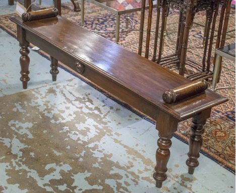 HALL BENCH, Victorian, mahogany, with bolster handles and turned supports, 137cm W.
