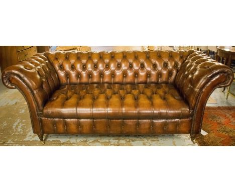 CHESTERFIELD SOFA, vintage George Smith style hand finished leaf brown leather with curved deep button upholstered back and a