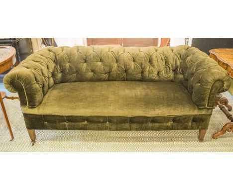 CHESTERFIELD SOFA, early 20th century soft green cotton velvet with deep button back and arms and square tapering supports, 1