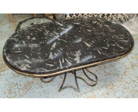 LOW TABLE, with fossil marble top, on a wrought iron base, 104cm L x 62cm D x 47cm H. (with faults)