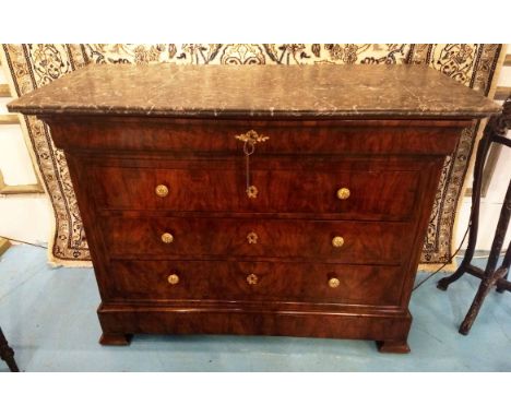 COMMODE, 19th century, French, Louis Philippe figured walnut, with four long drawers and marble top, 127cm W x 56cm D x 95cm 