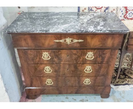 HALL COMMODE, 19th century, French, flame mahogany with frieze drawer above three long drawers and marble top, 96cm W x 47cm 