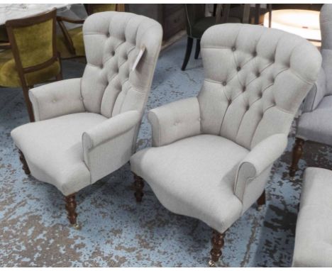 ARMCHAIRS, a pair, button back, in grey herringbone fabric, on turned castor supports, 68cm W. (2)