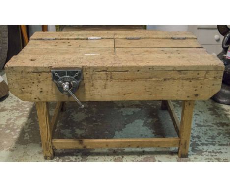 DOUBLE WORK BENCH, pine and iron bound each side with wood working vice and foldout metal working vice, 137cm x 88cm x 79cm H