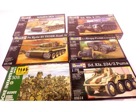 Six Revell 1:72 scale plastic kits, military vehicles and figures. P&amp;P Group 1 (£14+VAT for the first lot and £1+VAT for 