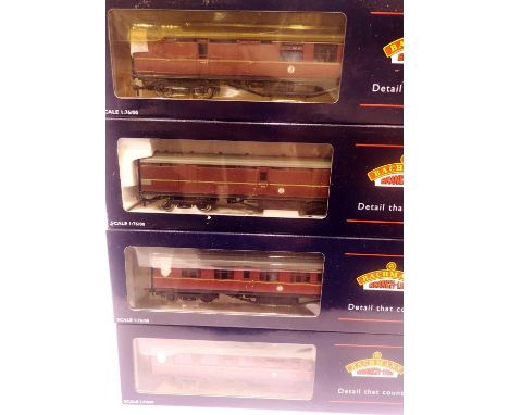 Four Bachmann Thompson BR Maroon coaches; 34-403, 34-478, 34-453 and 34-654A. P&amp;P Group 2 (£18+VAT for the first lot and 