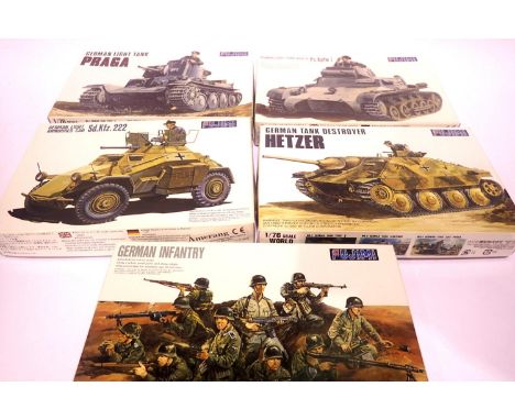 Five Fujimi 1:76 scale plastic kits, German Military vehicles and figures. P&amp;P Group 1 (£14+VAT for the first lot and £1+