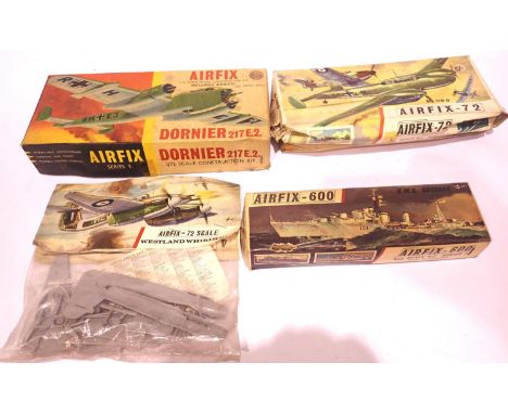 Four vintage Airfix kits; 1:72 Dornier ME110, Westland Whirlwind and 1:600 scale ship H.M.S Cossack. P&amp;P Group 1 (£14+VAT