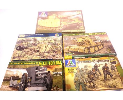 Three Italeri 1:72 scale plastic kits; German Military vehicles and figures and two ACE kits. P&amp;P Group 1 (£14+VAT for th