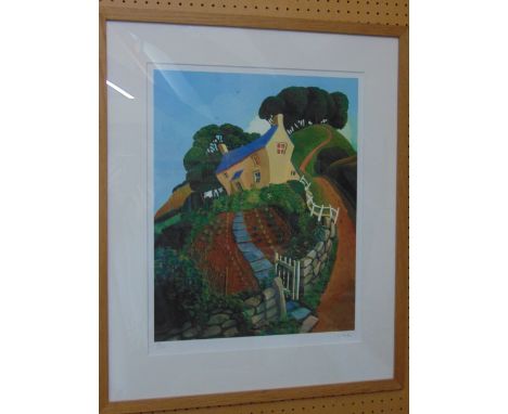 A signed coloured limited edition print after Jo March of a country landscape with cottage, signed bottom right, edition 12/1