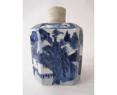 An early 19th century oriental blue and white caddy of square cut form with canted corners and painted landscape decoration, 