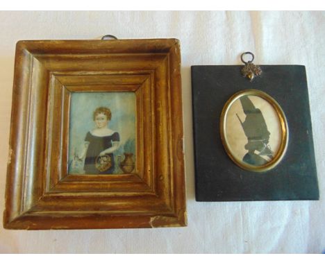 An early 19th century miniature portrait showing a half length study of a little girl in blue dress gathering flowers in a ga