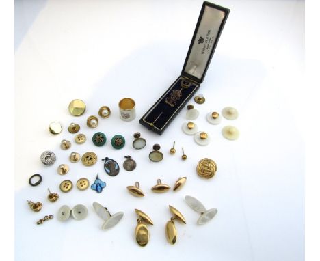 A pair of 18ct gold cufflinks, 9g in total; two stick pins; various shirt studs and buttons; etc