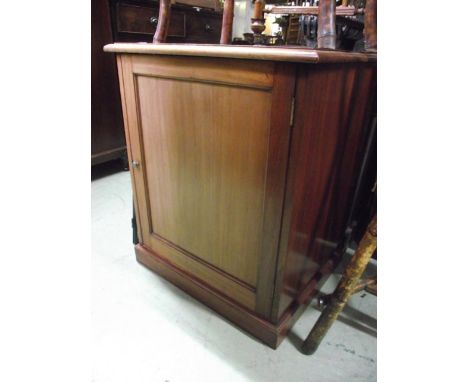 A 19th century mahogany low pedestal side cupboard of square cut form enclosed by a single rectangular panelled door, the  in