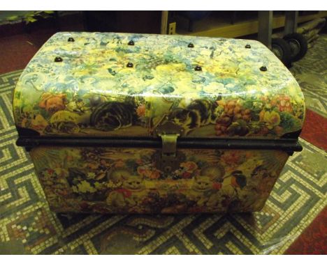 A heavy antique thick boarded box/chest with hinged lid and side carrying handles together with a vintage domed top tin trunk