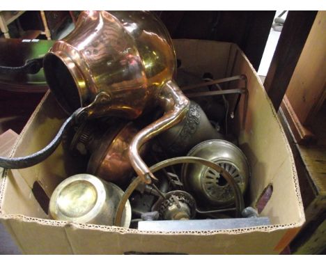 Two boxes of miscellaneous 19th century and later copper and brassware to include a large copper kettle with iron loop handle