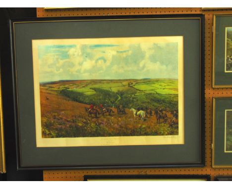 A signed coloured print after Lionel Edwards showing the Devon and Somerset staghounds coming out of the Danesbrook, signed i