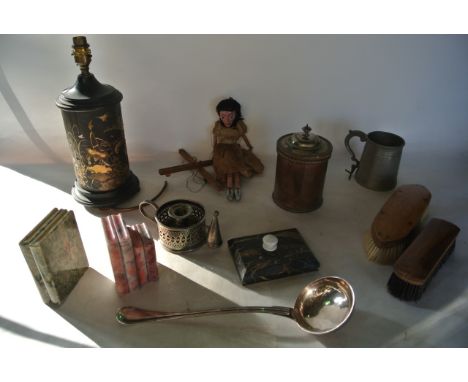 A miscellaneous collection to include a timber desk lamp of cylindrical form with painted and inlaid decoration in the chinoi