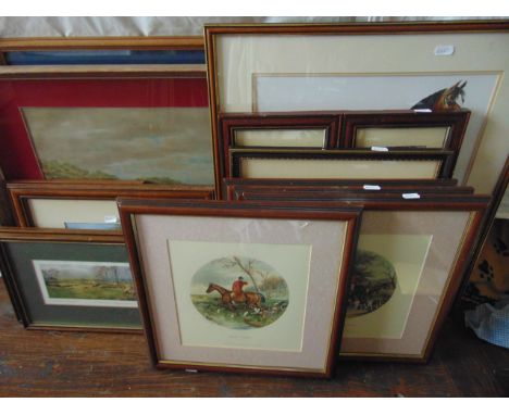 A collection of equestrian related pictures and prints including a coloured print after Madeline Selfe of race horses, a set 