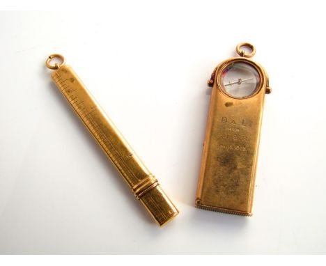 An 18ct gold pencil pendant, one side with measuring ruler, further engraved "J.G Vickery 179.181.183 Regents"; and an Edward