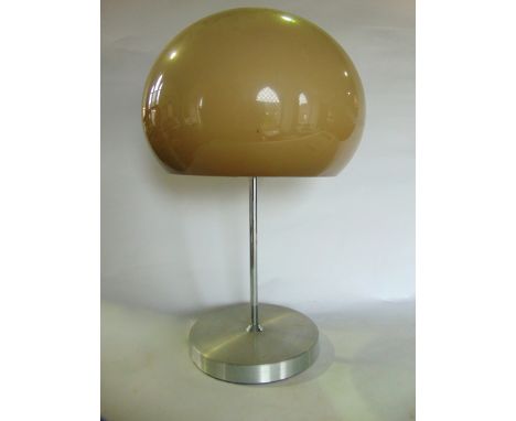 A 20th century desk lamp with weighted chrome base supporting an opaque smoked acrylic shade of globular form