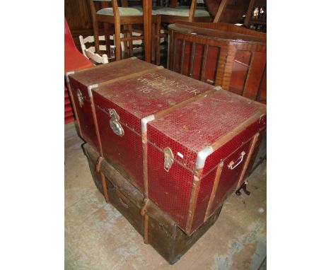 A timber banded tin trunk, with simulated rattan finish and lettering "ALEXANDER WRIGHT 116", containing a large quantity of 