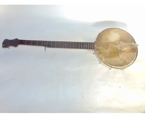 A vintage five string banjo with stretched hide drum, stamped to bridge verso John Grey & Sons Limited, Dulgetta, London
