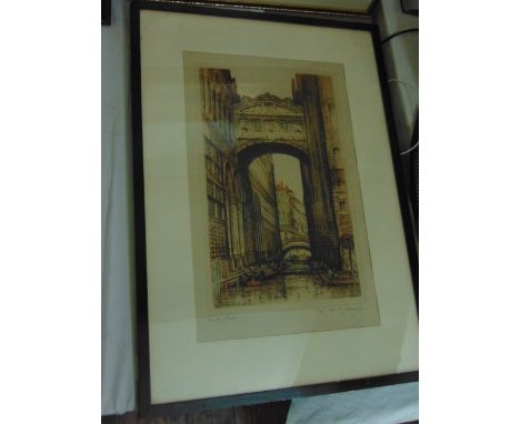 A coloured etching by E Sharland showing The Bridge of Sighs, Venice, 38 x 24 cm approx in simple black frame