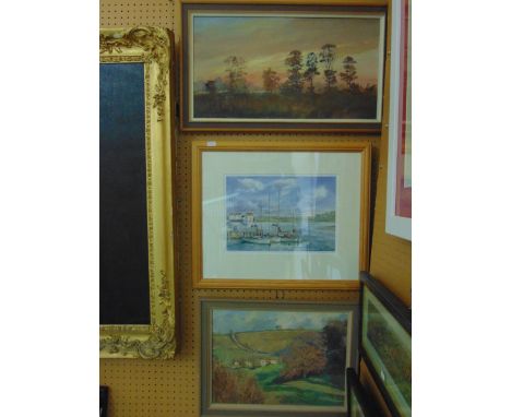 Two oil paintings on board by Roy Hewish, both signed bottom left, one showing a landscape at sunset, inscribed verso Sunset 