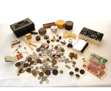 19th century Spillkins, bone dog whistle, military and hunting buttons, coinage, bank notes, etc
