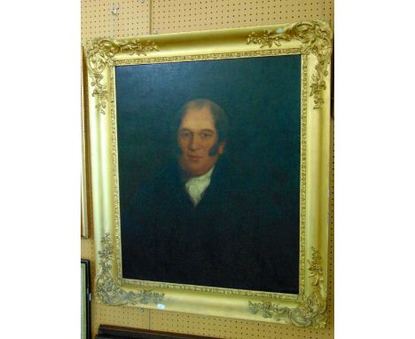 An early 19th century oil painting on canvas, bust length portrait of a gentleman with side whiskers and white cravat, 75 x 6