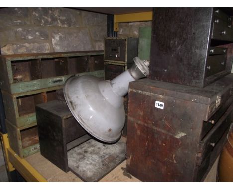 Three vintage wooden engineers portable tool chests (AF) together with three small industrial wall mounted flights of pigeon 