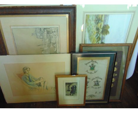 An interesting collection of pictures and prints including a monochrome lithographic type print after Donald Maxwell entitled