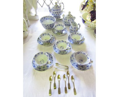 A collection of Victorian childs' tea wares, with blue and white printed trailing leaf and floral decoration, comprising: a t