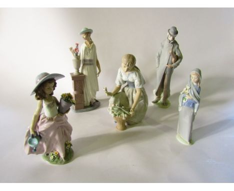 A collection five various Lladro figures, including an elegant lady standing beside a plinth with flower vase, a young girl w