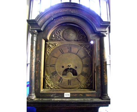 An 18th century chinoserie longcase clock, the trunk with full length door, the hood with column supports enclosing a 12 inch