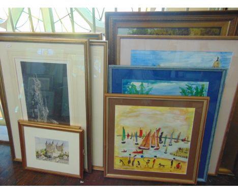 A collection of pictures and prints including a signed limited edition print after Robert Bateman showing a heron beside a ri