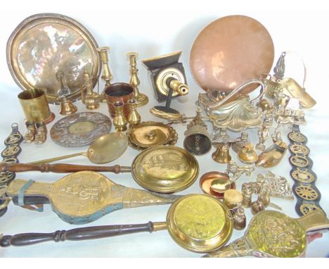 A box of assorted antique and later metal wares to include brass candlesticks, miniature fire bellows, a shallow copper bowl,