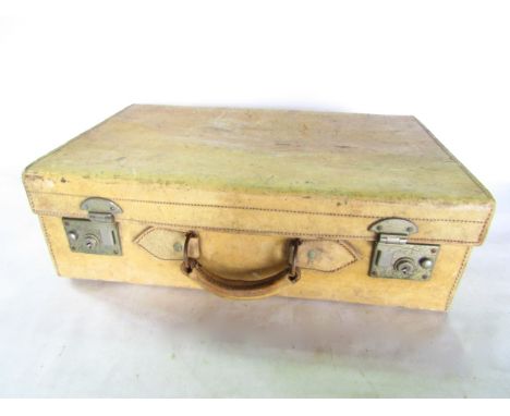 A vintage stitched vellum trunk with dual lever locks revealing a lined interior, 54 cm wide approx