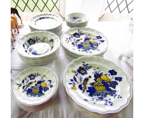 A collection of Spode Bluebird pattern dinner wares comprising nine dinner plates, seven dessert plates, seven soup plates, s