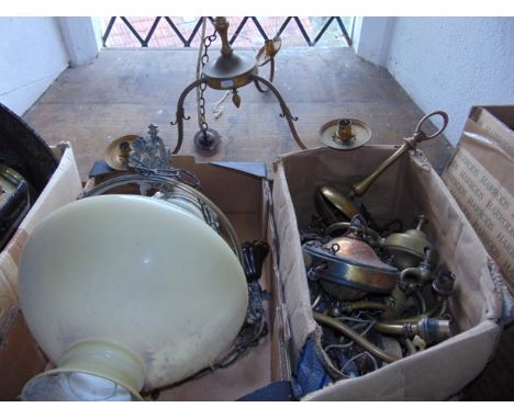 A mixed assortment of antique lighting to include a ceiling hanging oil burning lamp with ceramic reservoir and large opaque 
