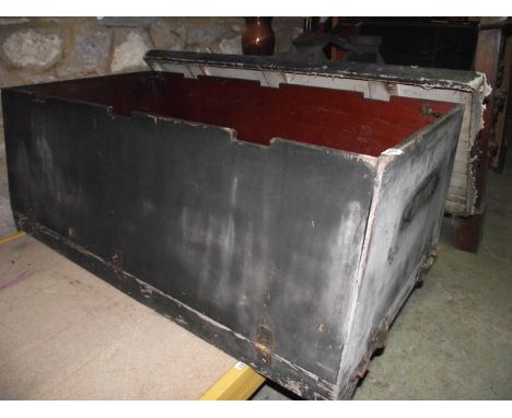 A vintage wooden car/coaching trunk of rectangular and tapered form with hinged frame and removable lid 