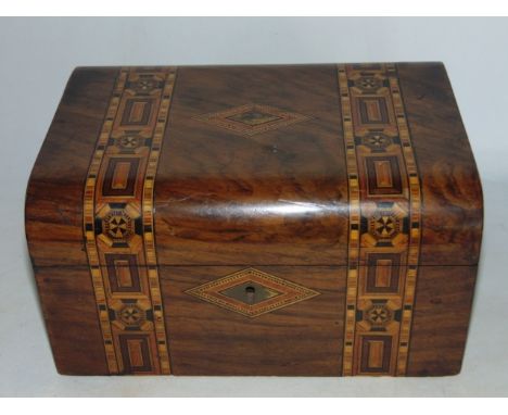 A 19th century sewing box, principally in walnut veneer with stained parquetry inlay to the top, the hinged lid revealing an 