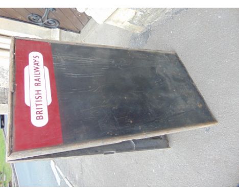 A vintage pine framed and folding floorstanding twin sided external Ex British Railways notice board with part enamelled sign