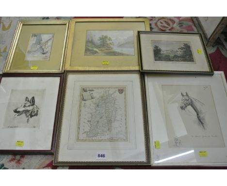 A collection of pictures and prints, including a 19th century watercolour of a mountainous lake scene, a watercolour of a mar