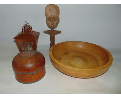 A substantial shallow turned pale timber bowl with label to underside reading Hand Turned in Devon, Burr Alder, together with