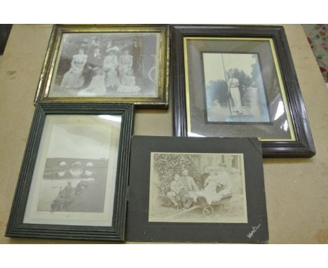 Four late Victorian/Edwardian black and white photographs, family shots including a wedding, hunting, etc