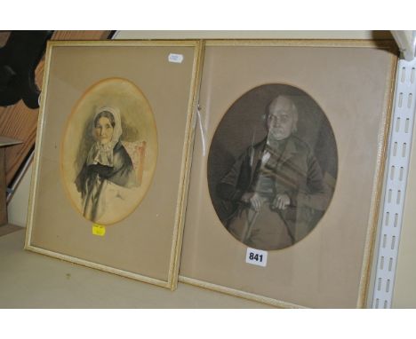 A mid-19th century chalk and charcoal study of oval form showing an elderly gentleman seated half length, signed bottom right