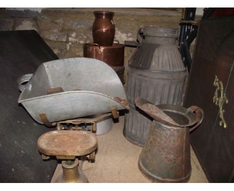 A vintage galvanised steel five gallon jug of cylindrical form with tapered neck and loop handle, one other, a folding spark 