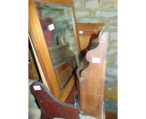 A small pine corner cupboard, book trough, oak wall cupboard and two mirrors